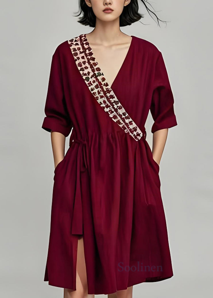 Loose Dark Red V Neck Patchwork Drawstring Cotton Dresses Summer