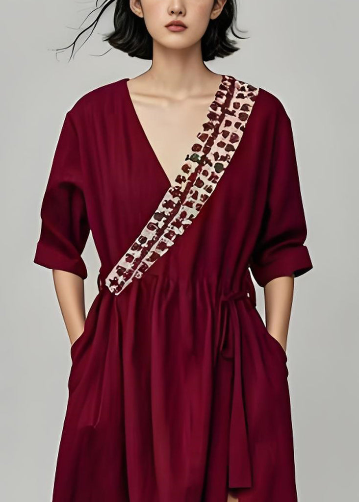 Loose Dark Red V Neck Patchwork Drawstring Cotton Dresses Summer