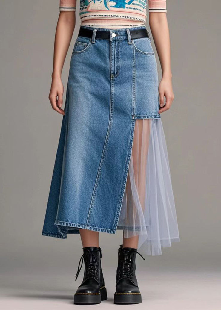 Loose Denim Blue Asymmetrical Patchwork Tulle Holiday Skirt Spring