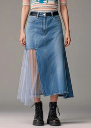 Loose Denim Blue Asymmetrical Patchwork Tulle Holiday Skirt Spring