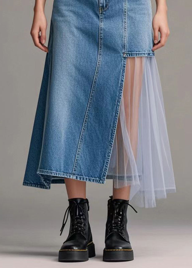 Loose Denim Blue Asymmetrical Patchwork Tulle Holiday Skirt Spring