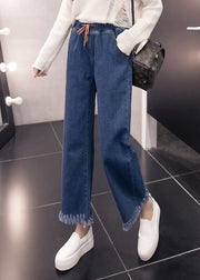 Loose Denim Blue Elastic Waist Drawstring Tassel Pockets Cotton Wide Leg Pants Summer