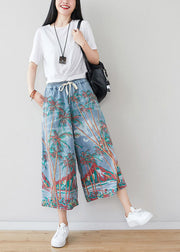 Loose Denim Blue Elastic Waist Print Cotton Wide Leg Pants Spring