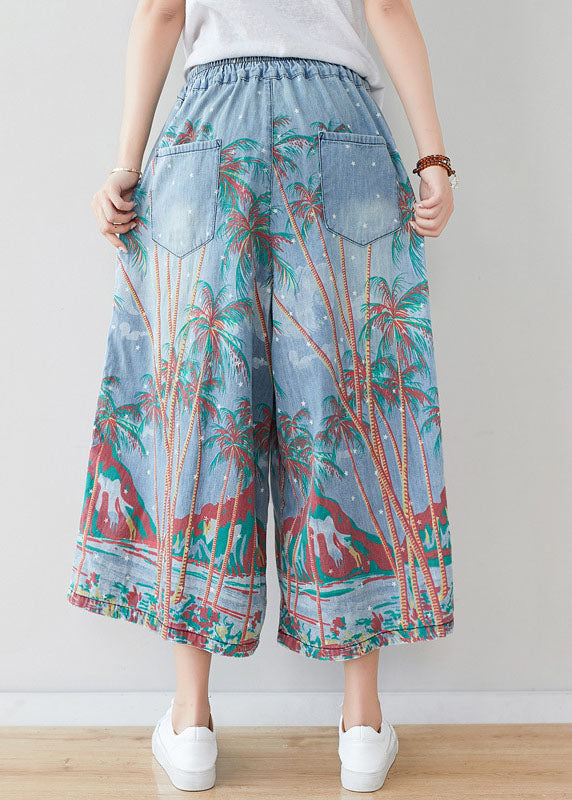 Loose Denim Blue Elastic Waist Print Cotton Wide Leg Pants Spring