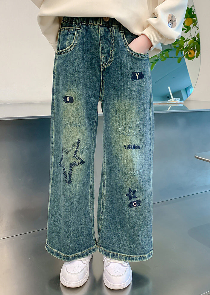 Loose Denim Blue Embroideried Elastic Waist Girls Wide Leg Pants