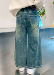 Loose Denim Blue Embroideried Elastic Waist Girls Wide Leg Pants