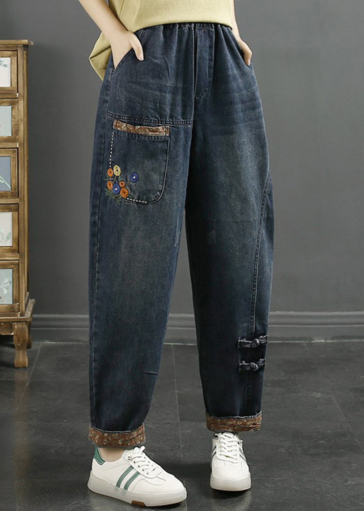 Loose Denim Blue Embroidered Pockets Elastic Waist Jeans Fall