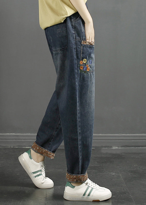 Loose Denim Blue Embroidered Pockets Elastic Waist Jeans Fall