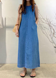 Loose Denim Blue O-Neck Patchwork Cozy Holiday Long Dress Summer