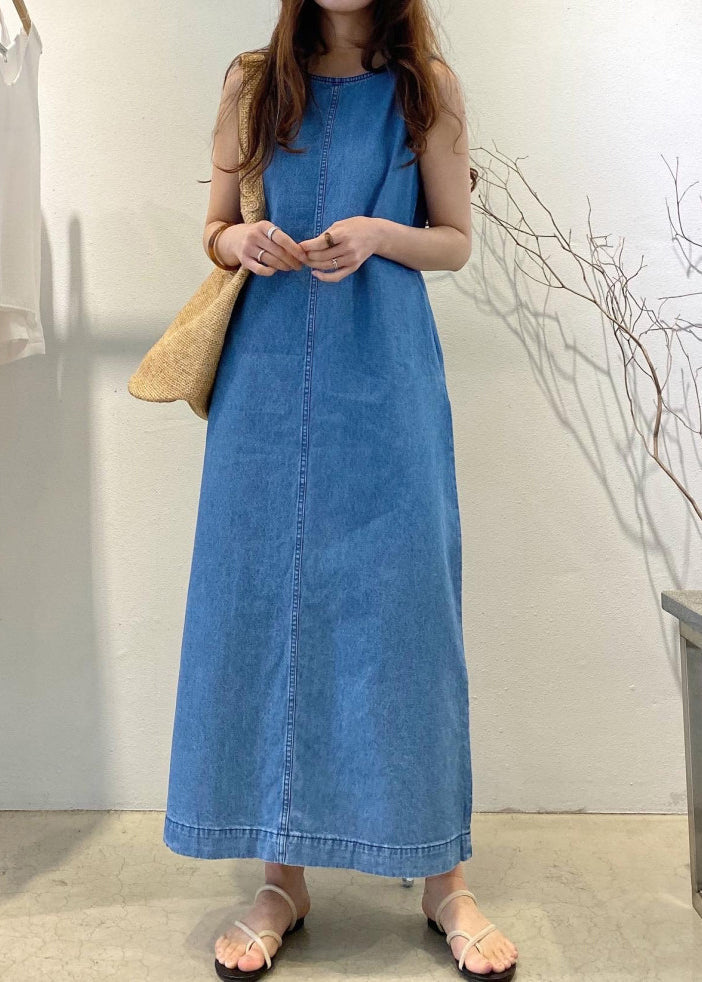 Loose Denim Blue O-Neck Patchwork Cozy Holiday Long Dress Summer