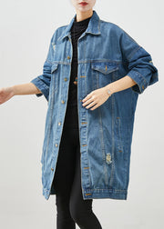 Loose Denim Blue Oversized Pockets Cotton Ripped Coats Fall