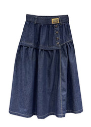 Loose Denim Blue Patchwork Button Elastic Waist A Line Skirt