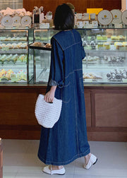 Loose Denim Blue-rabbit Peter Pan Collar Patchwork Pockets Dress Long Sleeve