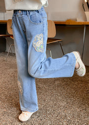 Loose Denim Blue Pockets Applique Kids Wide Leg Pants Spring