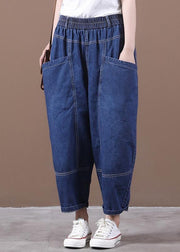 Loose Denim Blue Pockets Elastic Waist Denim Crop Pants Fall