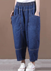 Loose Denim Blue Pockets Elastic Waist Denim Crop Pants Fall