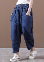 Loose Denim Blue Pockets Elastic Waist Denim Crop Pants Fall