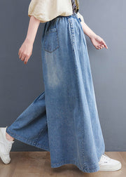 Loose Denim Blue Pockets Elastic Waist Tie Waist Wide Leg Pants Fall