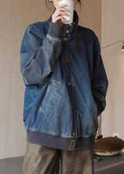 Loose Denim Blue Stand Collar Pockets Button Coats Spring