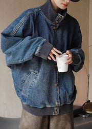 Loose Denim Blue Stand Collar Pockets Button Coats Spring