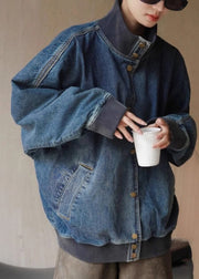 Loose Denim Blue Stand Collar Pockets Button Coats Spring