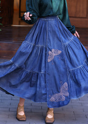 Loose Denim Navy Butterfly Embroidered Elastic Waist Maxi Skirts Summer