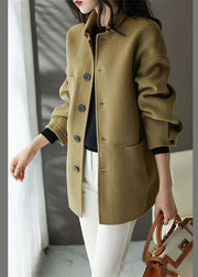 Loose Earthy Yellow  Button Pockets Patchwork Woolen Coats Fall