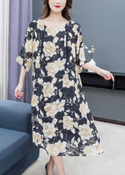 Loose Floral O Neck Print Lace Patchwork Chiffon Dresses Summer