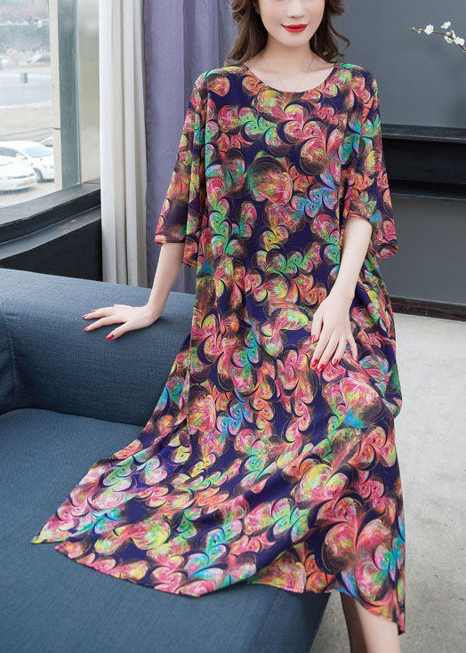 Loose Floral O-Neck Side Open Patchwork Chiffon Long Dresses Summer