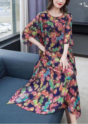 Loose Floral O-Neck Side Open Patchwork Chiffon Long Dresses Summer