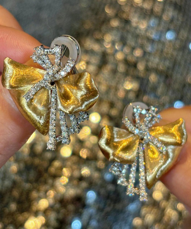 Loose Gold 14K Zircon Bow Stud Earrings