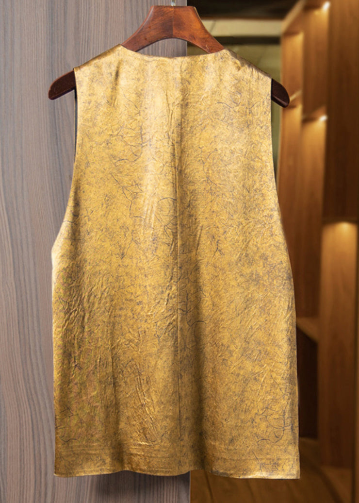 Loose Yellow flower Asymmetrical Button Silk Waistcoat Sleeveless