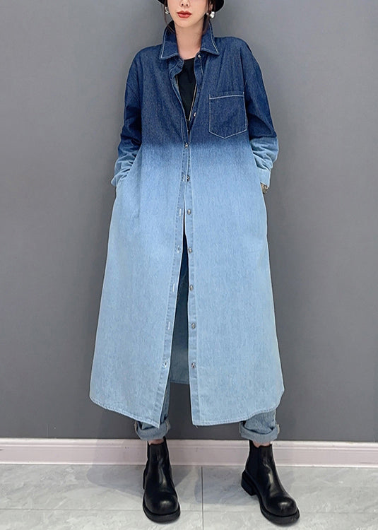 Loose Gradient Color Button Pockets Denim Long Coat Fall