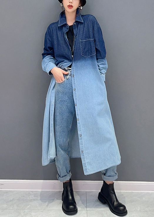 Loose Gradient Color Button Pockets Denim Long Coat Fall