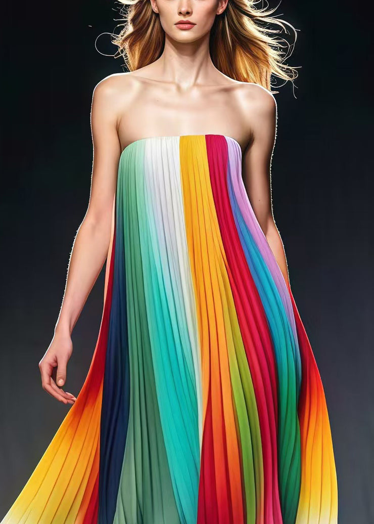 Loose Gradient Color Exra Large Hem Chiffon Strapless Pleated Dress Summer