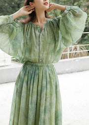 Loose Grass Green O-Neck Tie Dye Button Shirts And Skirts Two Piece Set Long Sleeve