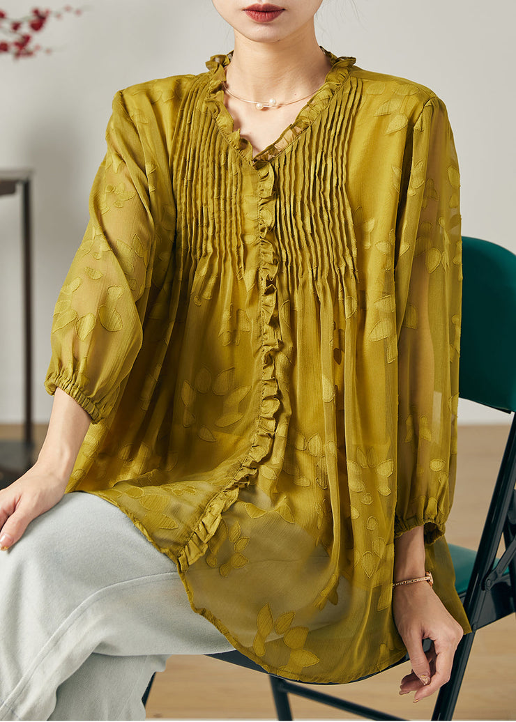 Loose Grass Green Ruffled Wrinkled Chiffon Shirt Top Summer