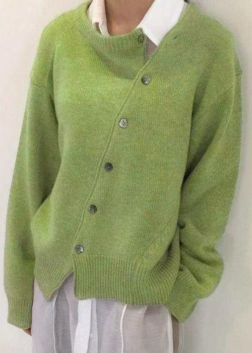 Loose Green Asymmetrical Button Solid Knit Coat Spring