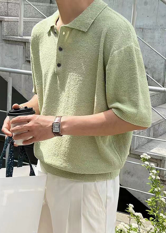 Loose Green Button Cozy Knit Men Polo Shirt Half Sleeve