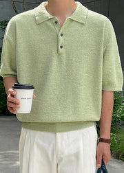 Loose Green Button Cozy Knit Men Polo Shirt Half Sleeve