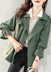 Loose Green Button Drawstring Pockets Cotton Coats Fall