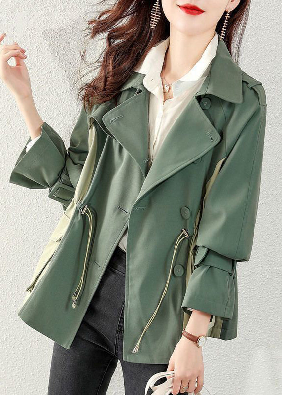 Loose Green Button Drawstring Pockets Cotton Coats Fall