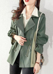 Loose Green Button Drawstring Pockets Cotton Coats Fall