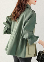 Loose Green Button Drawstring Pockets Cotton Coats Fall