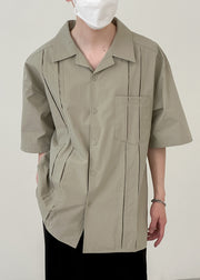 Loose Green Button Pockets Cotton Men Shirts Half Sleeve