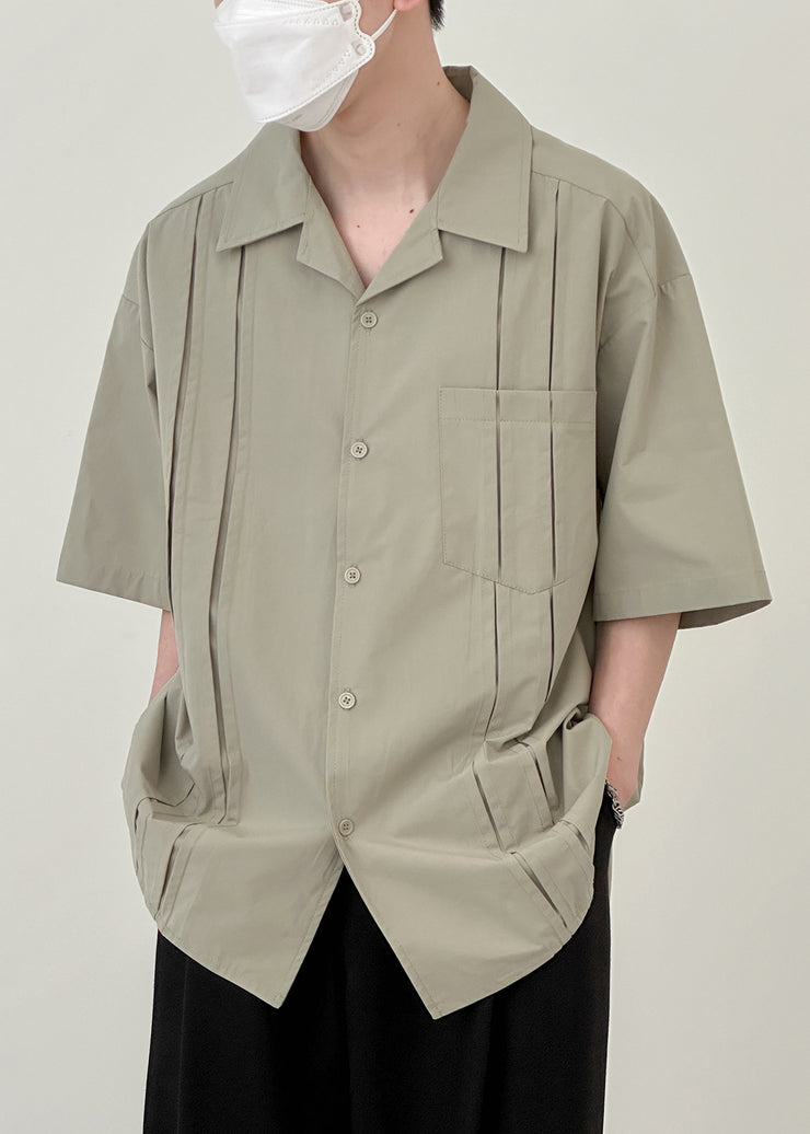 Loose Green Button Pockets Cotton Men Shirts Half Sleeve