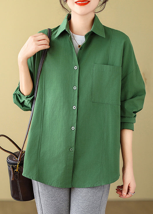 Loose Green Button Pockets Cotton Shirt Long Sleeve