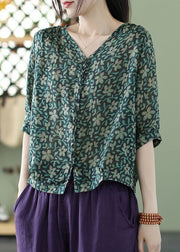 Loose Green Button Print Cotton Blouse Half Sleeve