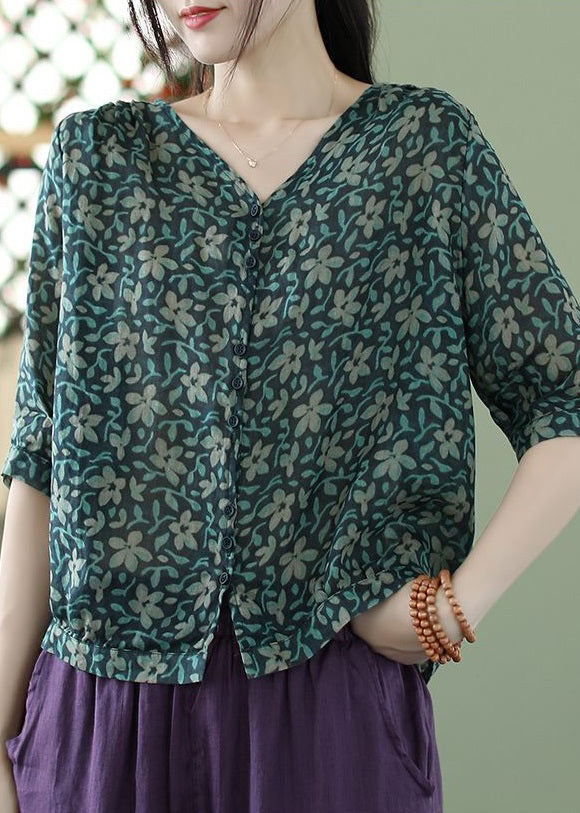 Loose Green Button Print Cotton Blouse Half Sleeve