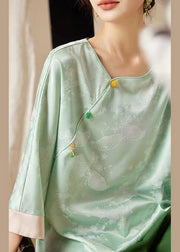 Loose Green Button Print Silk Shirt Bracelet Sleeve